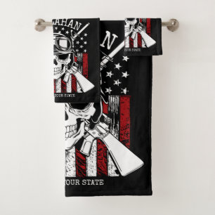 Personalised NAME Soldier Skull Dual Guns USA Flag Bath Towel Set