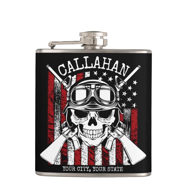 Personalised NAME Soldier Skull Dual Guns USA Flag Hip Flask (Front)