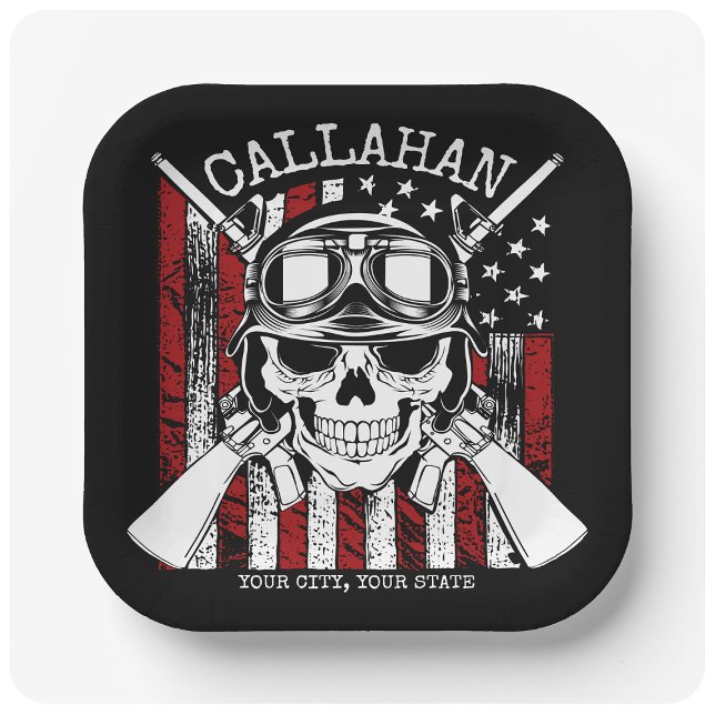 Personalised NAME Soldier Skull Dual Guns USA Flag Paper Plate (Creator Uploaded)