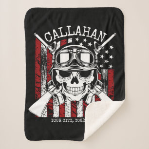 Personalised NAME Soldier Skull Dual Guns USA Flag Sherpa Blanket