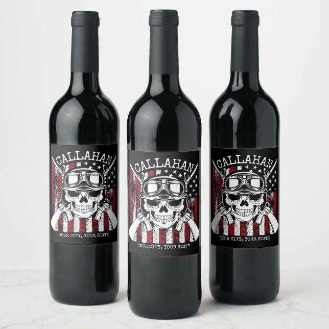 Personalised NAME Soldier Skull Dual Guns USA Flag Wine Label (Bottles)