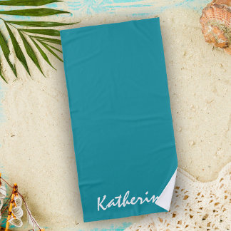 Personalised name solid colour Aqua Blue Vacations Beach Towel