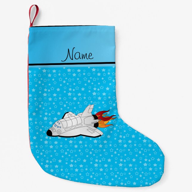 Personalised name space shuttle blue stars small christmas stocking (Front)
