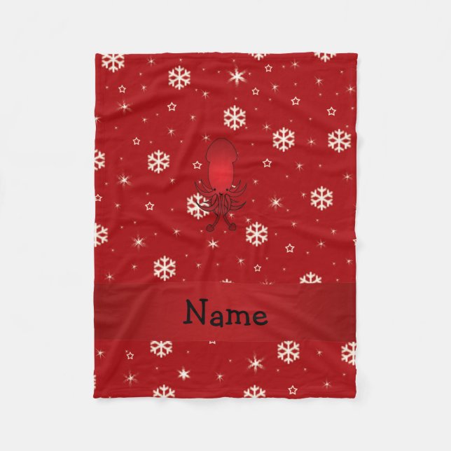 Personalised name squid red snowflakes fleece blanket (Front)