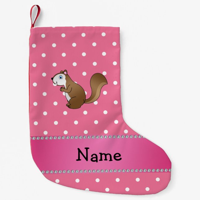 Personalised name squirrel pink polka dots pattern small christmas stocking (Front)