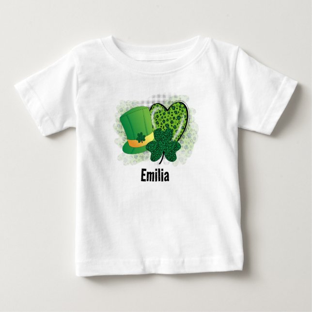 Personalised Name St Patricks Day Shamrock Clover Baby T-Shirt (Front)