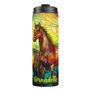 Personalised Name Stained Glass Horse Themed  Thermal Tumbler