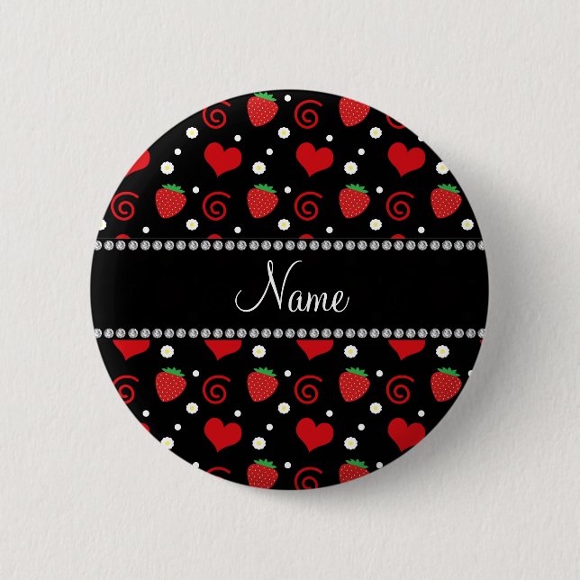 Personalised name strawberry flowers swirls 6 cm round badge (Front)