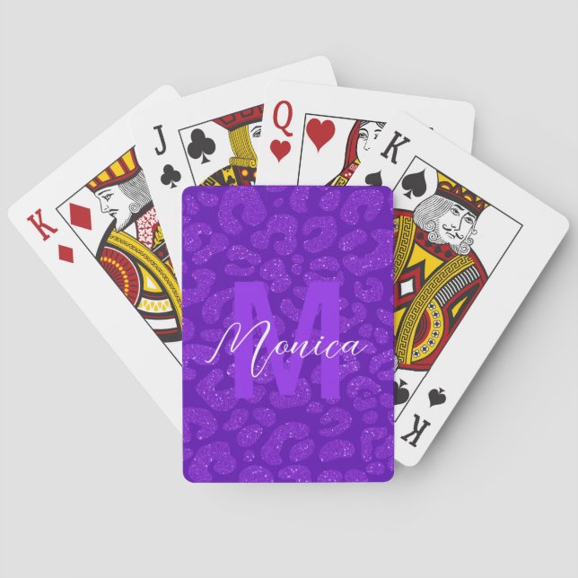 Personalised Name Stylish Purple Glitter Leopard  Playing Cards (Back)