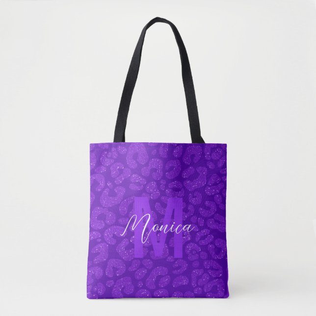 Personalised Name Stylish Purple Glitter Leopard  Tote Bag (Front)