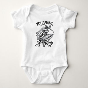 Personalised NAME Surfer Big Wave Skeleton Surfing Baby Bodysuit