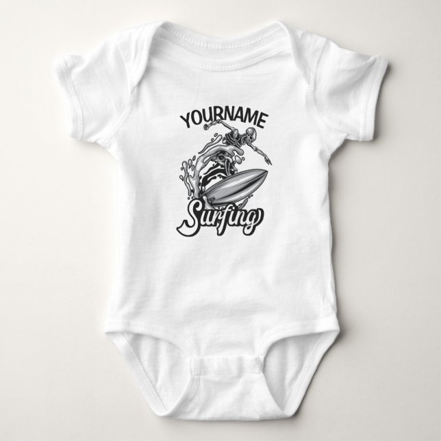 Personalised NAME Surfer Big Wave Skeleton Surfing Baby Bodysuit (Front)