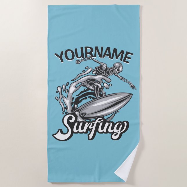 Personalised NAME Surfer Big Wave Skeleton Surfing Beach Towel (Front)