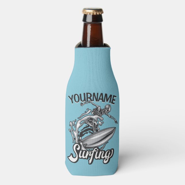 Personalised NAME Surfer Big Wave Skeleton Surfing Bottle Cooler (Bottle Front)