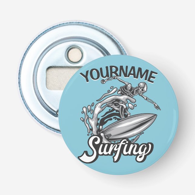 Personalised NAME Surfer Big Wave Skeleton Surfing Bottle Opener (Front)