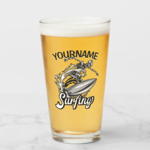 Personalised NAME Surfer Big Wave Skeleton Surfing Glass