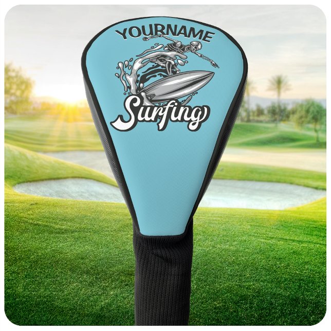 Personalised NAME Surfer Big Wave Skeleton Surfing Golf Head Cover (Creator Uploaded)