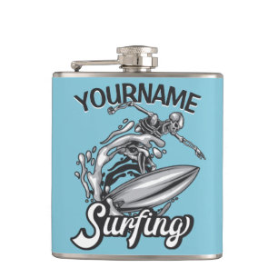 Personalised NAME Surfer Big Wave Skeleton Surfing Hip Flask