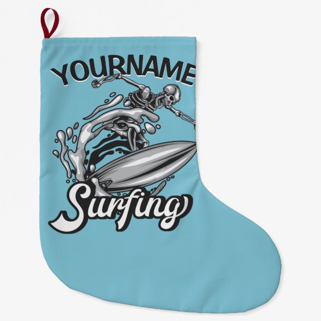 Personalised NAME Surfer Big Wave Skeleton Surfing Large Christmas Stocking (Front)