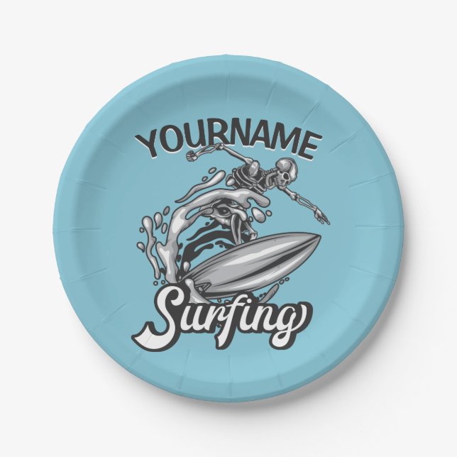 Personalised NAME Surfer Big Wave Skeleton Surfing Paper Plate (Front)