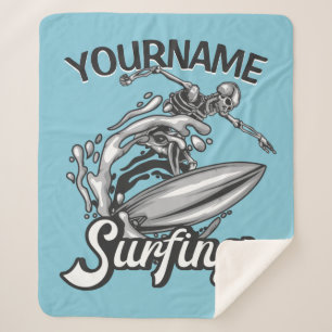 Personalised NAME Surfer Big Wave Skeleton Surfing Sherpa Blanket