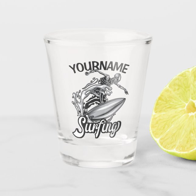 Personalised NAME Surfer Big Wave Skeleton Surfing Shot Glass (Front)