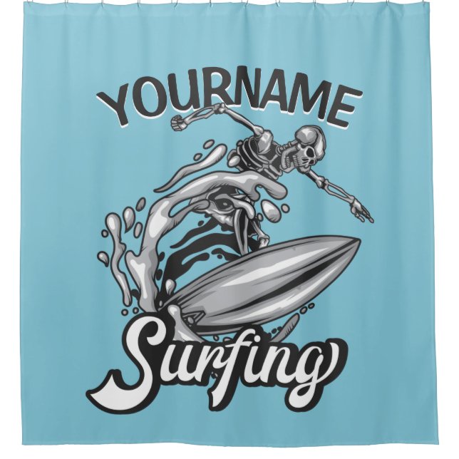 Personalised NAME Surfer Big Wave Skeleton Surfing Shower Curtain (Front)