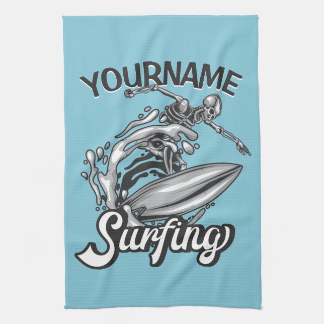 Personalised NAME Surfer Big Wave Skeleton Surfing Tea Towel (Vertical)