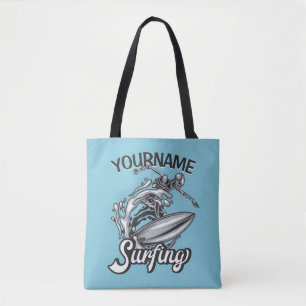 Personalised NAME Surfer Big Wave Skeleton Surfing Tote Bag
