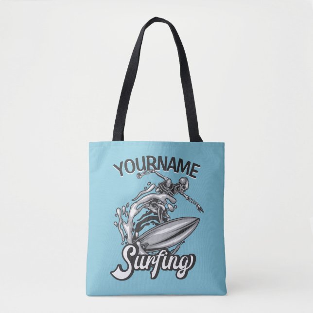 Personalised NAME Surfer Big Wave Skeleton Surfing Tote Bag (Front)