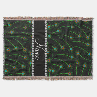 Personalised name swirly black peacock feathers throw blanket