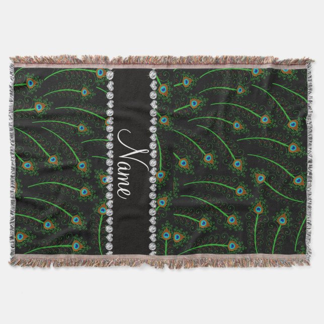 Personalised name swirly black peacock feathers throw blanket (Front)
