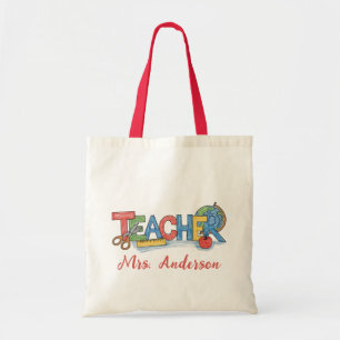 Personalised Name Teacher Apple Pencil scissor Tote Bag