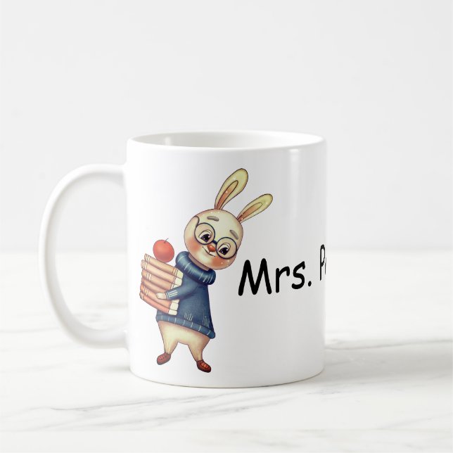 Personalised Name Teacher Gift Cup Mug Bunny Books (Left)