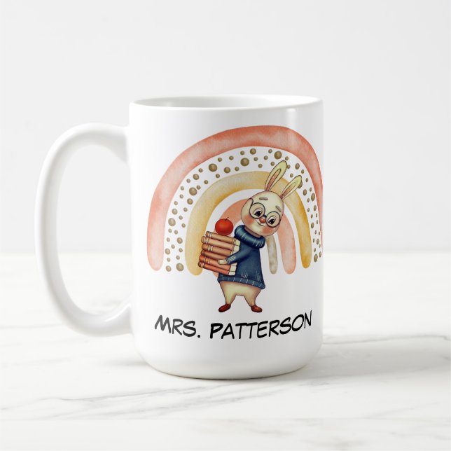Personalised Name Teacher Gift Mug Cute Bunny Book (Left)