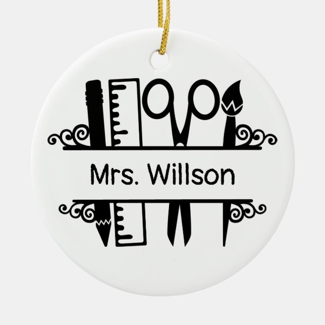 Personalised Name Teacher School Supplies  Ceramic Tree Decoration (Front)