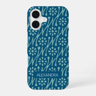 Personalised Name Teal Blue Boho Floral Retro iPhone 16 Case