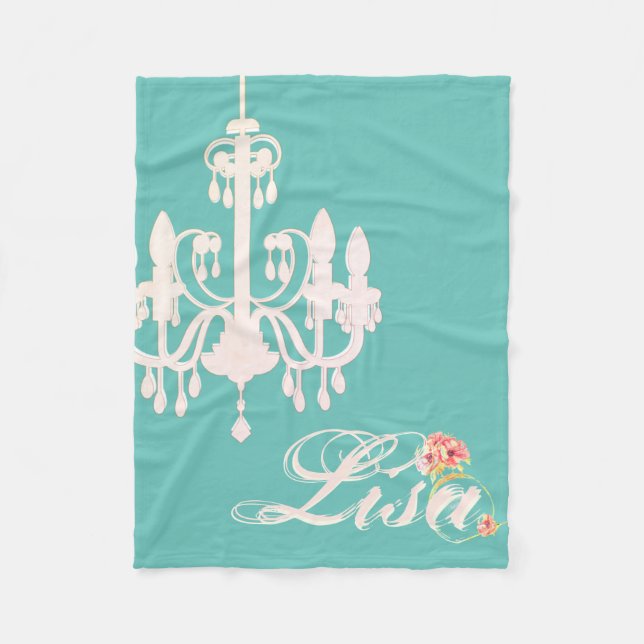 Personalised Name Teal with Pink Chandelier  Fleece Blanket (Front)