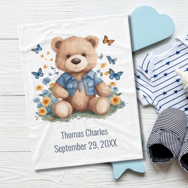 Personalised Name Teddy Bear Butterflies Baby  Fleece Blanket (Personalized Teddy Bear Butterflies Baby Blanket. Available in three sizes)
