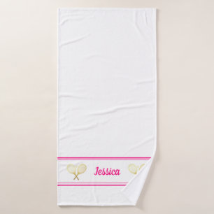 Personalised Name Tennis Player Bright Pink White Bath Towel