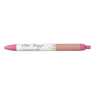 Personalised Name & Text Rose Gold Glitter  Black Ink Pen
