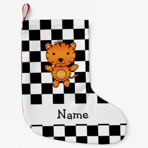 Personalised name tiger black and white checkers small christmas stocking