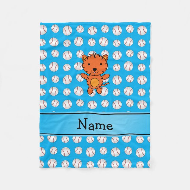 Personalised name tiger blue baseballs fleece blanket (Front)
