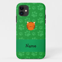 Personalised name tiger face green paw pattern