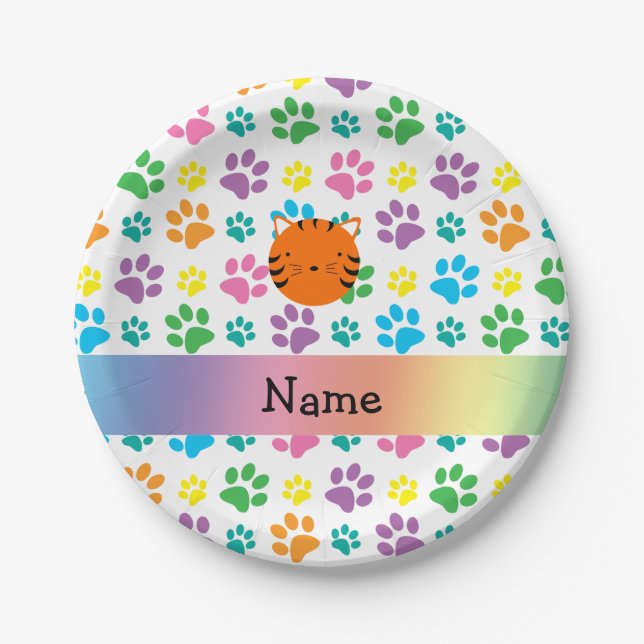 Personalised name tiger face rainbow paws paper plate (Front)