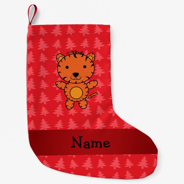 Personalised name tiger red christmas trees small christmas stocking (Front)