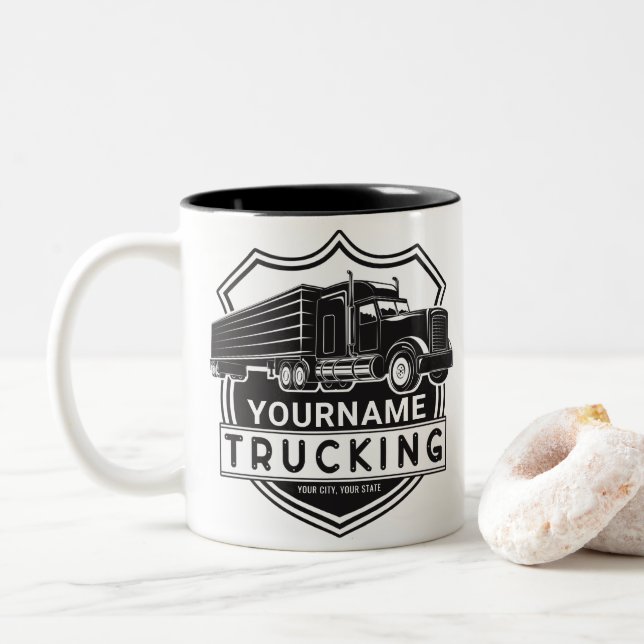 Personalised NAME Trucking Big Rig Semi Trucker  Two-Tone Coffee Mug (With Donut)