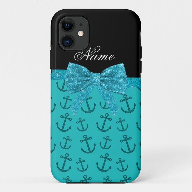 Personalised name turquoise anchors glitter bow Case-Mate iPhone case (Back)