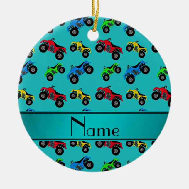Personalised name turquoise atv pattern ceramic tree decoration (Front)