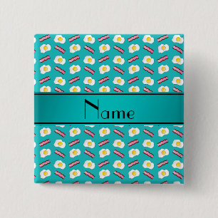 Personalised name turquoise bacon eggs 15 cm square badge